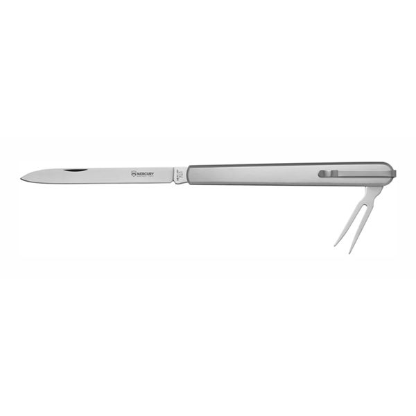 TASTING KNIFE - BLADE + FORK - PLAIN EDGE, S/S hdl - 12 CM w/POCKET CLIP, SINGLE BOX PACKAGE