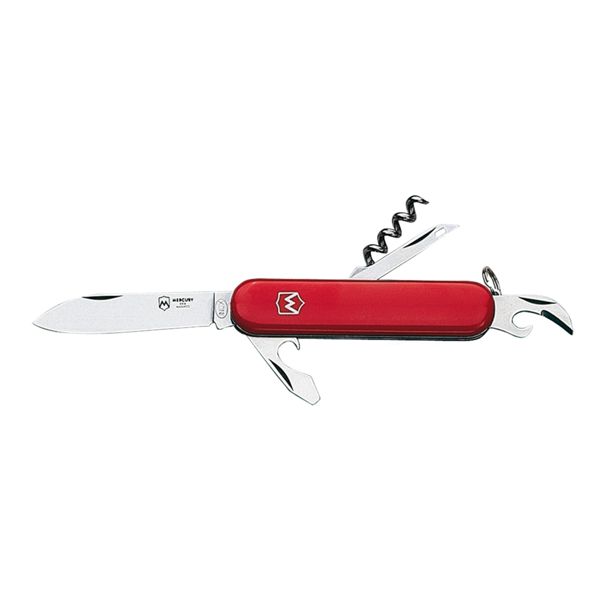 MULTI-TOOL KNIFE - 5 TOOLS, RED PLASTIC hdl, KNIFE, REAMER, CAP-OPENER W/FLAT SCREWDRIVER, CORKSCREW, CAN OPENER