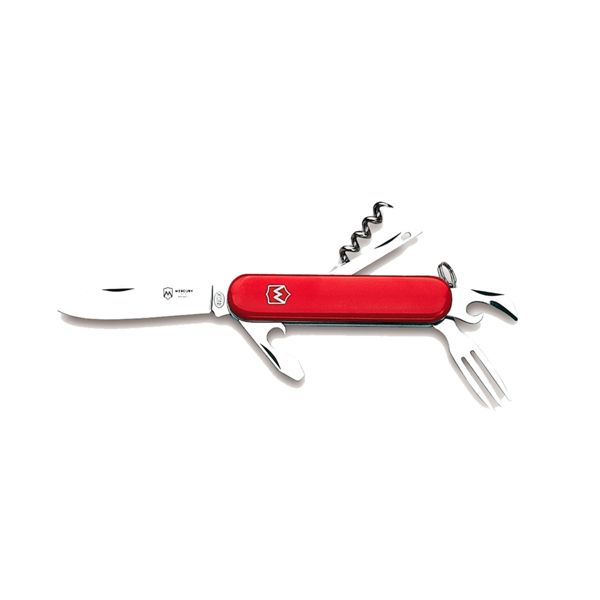 MULTI-TOOL KNIFE - 6 TOOLS, RED PLASTIC hdl, KNIFE, FORK, REAMER, CAP-OPENER W/FLAT SCREWDRIVER, CORKSCREW, CAN OPENER