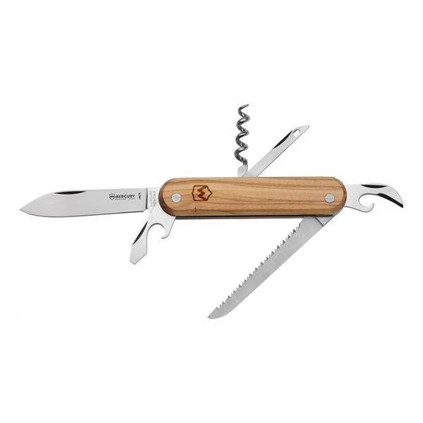 MULTI-TOOL KNIFE - 6 TOOLS w/SAW, OLIVE hdl, KNIFE, REAMER, CAP-OPENER W/FLAT SCREWDRIVER, CORKSCREW, CAN OPENER, SAW