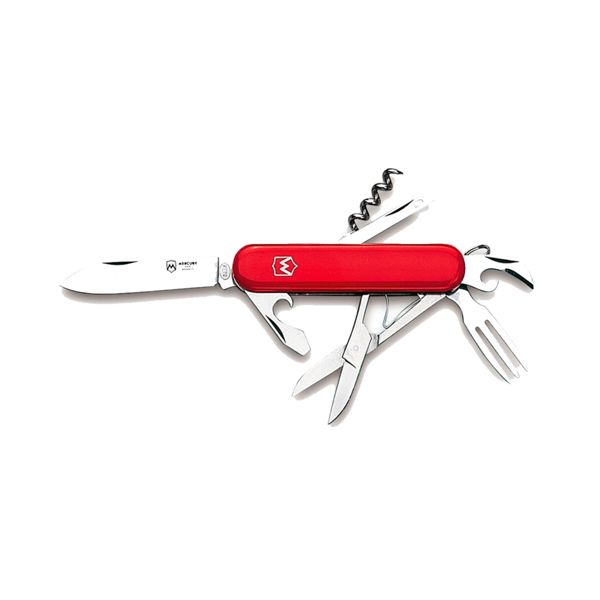 MULTI-TOOL KNIFE - 7 TOOLS, RED PLASTIC hdl, KNIFE, FORK, REAMER, CAP-OPENER W/FLAT SCREWDRIVER, CORKSCREW, CAN OPENER, SCISSORS