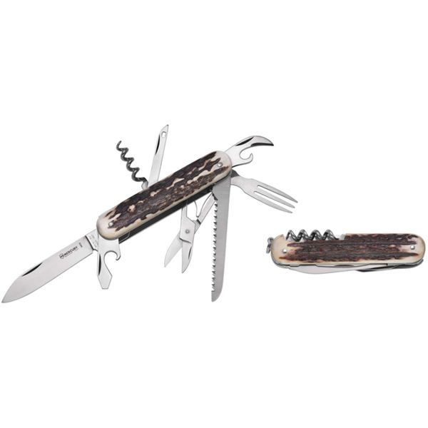 MULTI-TOOL KNIFE - 8 TOOLS, STAG hdl, FORK, SPOON, KNIFE, REAMER, CAP-OPENER W/FLAT SCREWDRIVER, CORKSCREW, SCISSORS, SAW