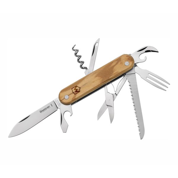 MULTI-TOOL KNIFE - 8 TOOLS, OLIVE hdl, KNIFE, FORK, REAMER, CAP-OPENER W/FLAT SCREWDRIVER, CORKSCREW, CAN OPENER, SCISSORS, SAW