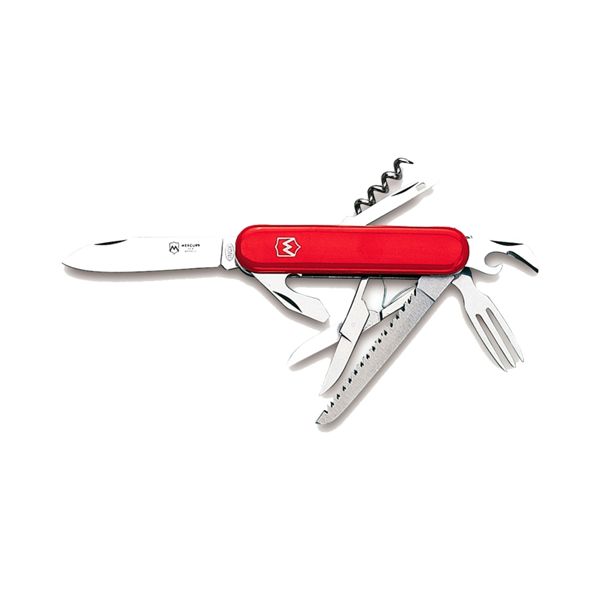 MULTI-TOOL KNIFE - 8 TOOLS, RED PLASTIC hdl, KNIFE, FORK, REAMER, CAP-OPENER W/FLAT SCREWDRIVER, CORKSCREW, CAN OPENER, SCISSORS, SAW