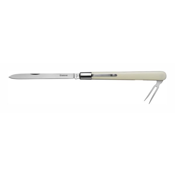 TASTING KNIFE - BLADE + FORK - PLAIN EDGE, IVORY PLASTIC hdl - 14 CM w/POCKET CLIP, SINGLE BOX PACKAGE