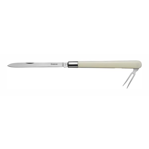 TASTING KNIFE - BLADE + FORK - PLAIN EDGE, IVORY PLASTIC hdl - 14 CM , SINGLE BOX PACKAGE