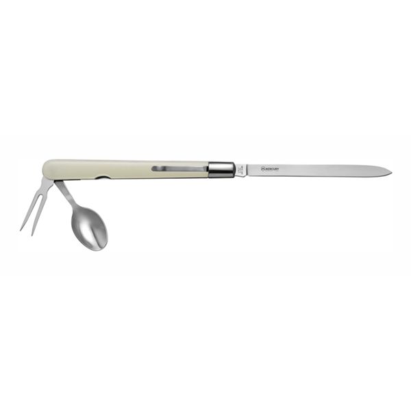 TASTING KNIFE - BLADE + FORK + SPOON - PLAIN EDGE, IVORY PLASTIC hdl - 14 CM w/POCKET CLIP, SINGLE BOX PACKAGE