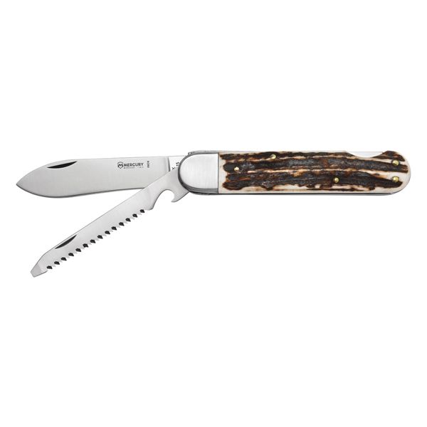 MULTI-TOOL HUNTING KNIFE - 2 TOOLS, DROP bld, STAG hdl, KNIFE, SAW W/FLAT SCREWDRIVER + CAP OPENER