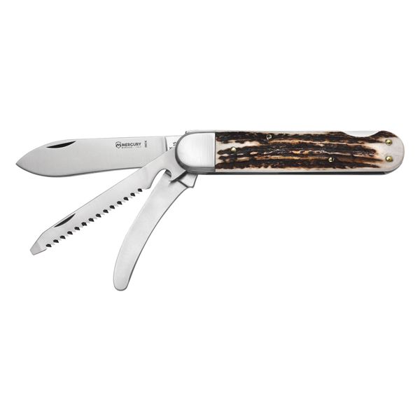 MULTI-TOOL HUNTING KNIFE - 3 TOOLS, DROP bld, STAG hdl, KNIFE, GUTTING BLADE, SAW W/FLAT SCREWDRIVER + CAP OPENER