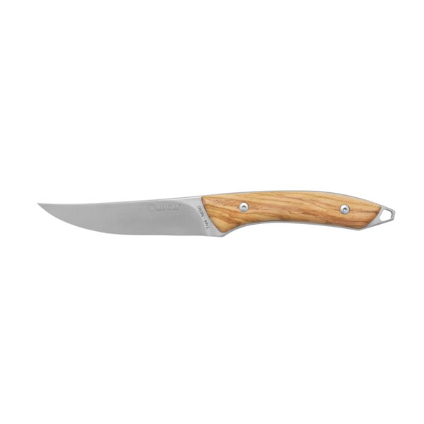 TREK - N690 SATIN bld, OLIVE WOOD hdl, w/LEATHER SHEATH