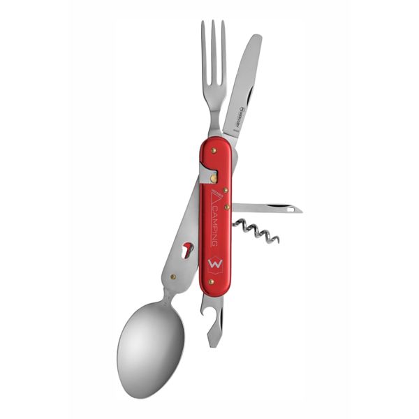 CAMPING SET VOYAGER - RED, 6 TOOLS, w/NYLON SHEATH, S/S DIVISIBLE CAMPING TABLEWARE, ANODIZED Al hdl, FORK, SPOON, KNIFE, REAMER, CAP-OPENER W/FLAT SCREWDRIVER, CORKSCREW