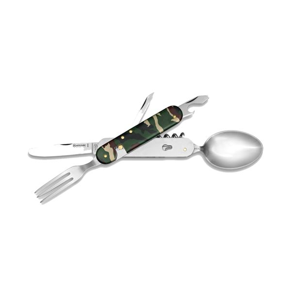 CAMPING SET VOYAGER - CAMU, 6 TOOLS, w/NYLON SHEATH, S/S DIVISIBLE CAMPING TABLEWARE, ANODIZED Al hdl, FORK, SPOON, KNIFE, REAMER, CAP-OPENER W/FLAT SCREWDRIVER, CORKSCREW