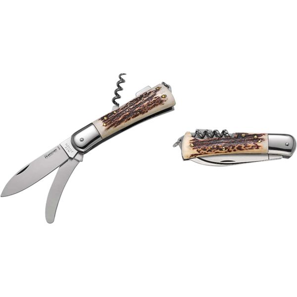 MULTI-TOOL HUNTING KNIFE - 3 TOOLS, DROP bld, STAG hdl, KNIFE, GUTTING BLADE, CORKSCREW