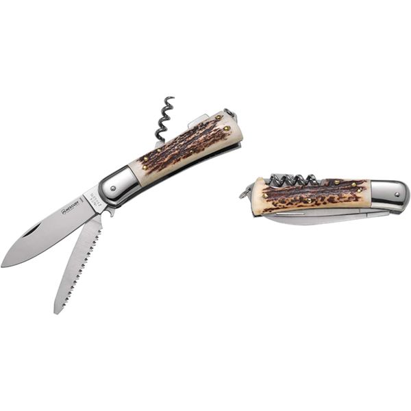 MULTI-TOOL HUNTING KNIFE - 3 TOOLS, DROP bld, STAG hdl, KNIFE, SAW W/FLAT SCREWDRIVER + CAN OPENER, CORKSCREW