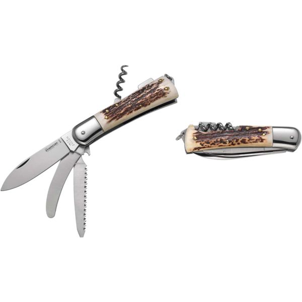 MULTI-TOOL HUNTING KNIFE - 4 TOOLS, DROP bld, STAG hdl, KNIFE, GUTTING BLADE, SAW W/FLAT SCREWDRIVER + CAP OPENER, CORKSCREW