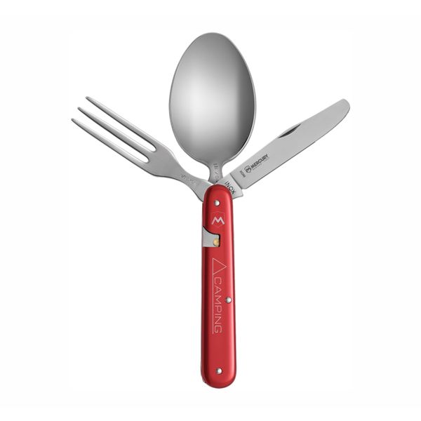 CAMPING SET ROVER - RED, 3 TOOLS, w/NYLON SHEATH, S/S DIVISIBLE CAMPING TABLEWARE, ANODIZED Al hdl, FORK, SPOON, KNIFE