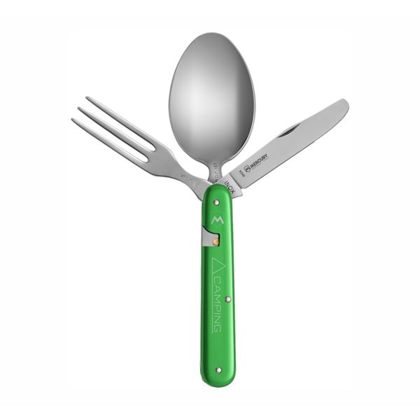 CAMPING SET ROVER - GRN, 3 TOOLS, w/NYLON SHEATH, S/S DIVISIBLE CAMPING TABLEWARE, ANODIZED Al hdl, FORK, SPOON, KNIFE