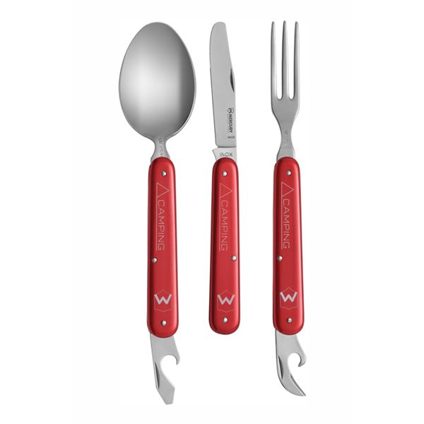 CAMPING SET TRIP - RED, 5 TOOLS, w/NYLON SHEATH, FORK, SPOON, KNIFE, CAN OPENER, CAP-OPENER W/FLAT SCREWDRIVER