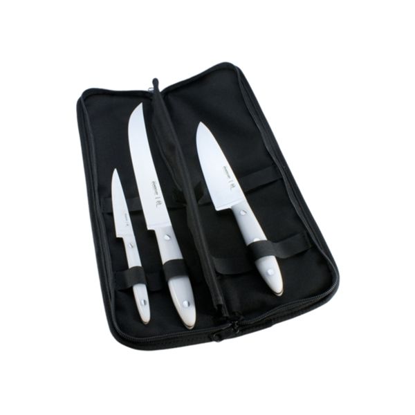 DELFINO KITCHEN KNIVES SET BASIC 3 pcs, WHI POM hdl, +CORDURA POUCH