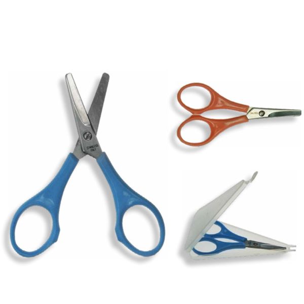 SCISSORS, MANICURE, S/S bld w/ROUNDED TIPS, MM 90, PLASTIC hdl ORG GRN BLU GRY