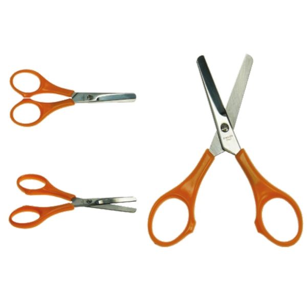 SCISSORS, SCHOOL & HOBBY, ROUNDED TIPS, MM 105, S/S bld, PLASTIC hdl ORG GRN BLU LBL