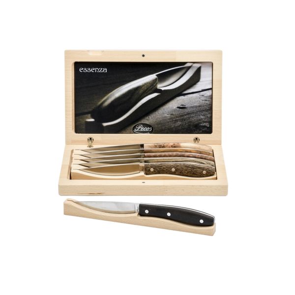 WOODEN BOX – ESSENCE, Set of 6 steak knives, Steel blade and rivets, Wooden box and dedicated supports