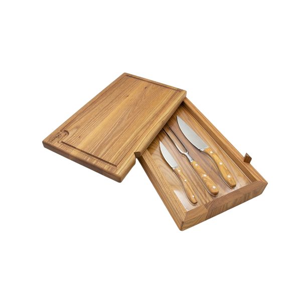 CUTTING BOARD, 3 PCS OLIVE SET (large serving knife, fork, knife)