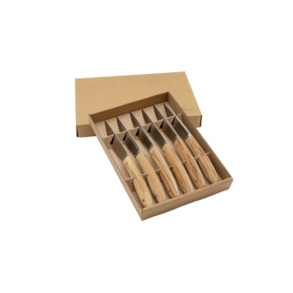 ECONFEZIONE – OLIVE WOOD, Set of 6 steak knives, Steel blade and rivets, Cardboard box