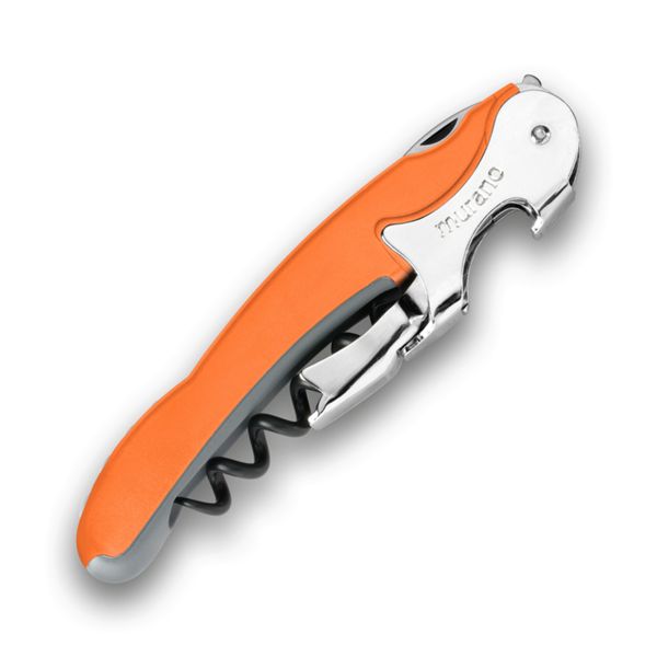 CORKSCREW RIALTO, S/S SERRATED bld, S/S DOUBLE LEVER, C/S BLK COATED SPIRAL, GRY GUM + PLASTIC ORANGE hdl, BULK pkg