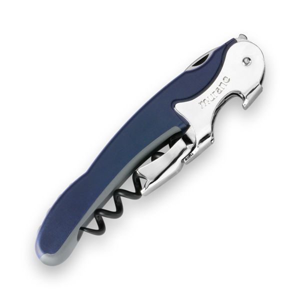 CORKSCREW RIALTO, S/S SERRATED bld, S/S DOUBLE LEVER, C/S BLK COATED SPIRAL, GRY GUM + PLASTIC BLUE hdl, BULK pkg