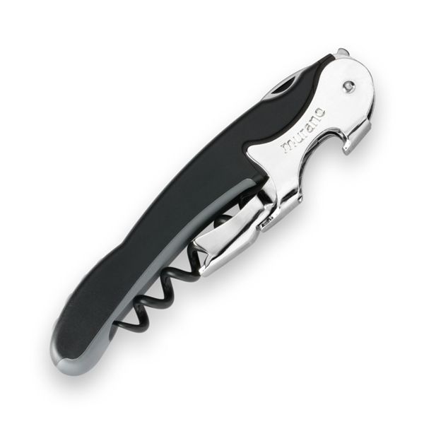 CORKSCREW RIALTO, S/S SERRATED bld, S/S DOUBLE LEVER, C/S BLK COATED SPIRAL, GRY GUM + PLASTIC BLACK hdl, BULK pkg