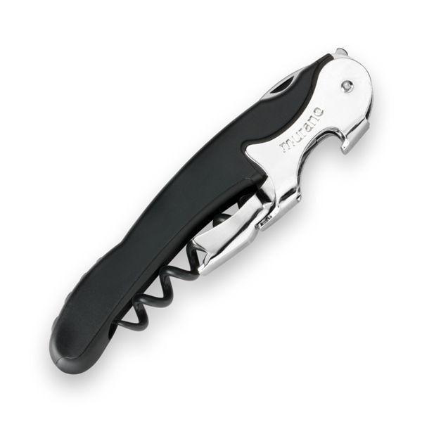 CORKSCREW RIALTO, S/S SERRATED bld, S/S DOUBLE LEVER, C/S BLK COATED SPIRAL, BLK GUM + PLASTIC BLACK hdl, BULK pkg