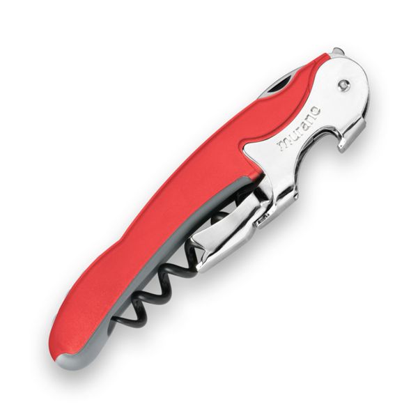 CORKSCREW RIALTO, S/S SERRATED bld, S/S DOUBLE LEVER, C/S BLK COATED SPIRAL, GRY GUM + PLASTIC RED 186C hdl, BULK pkg