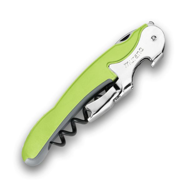 CORKSCREW RIALTO, S/S SERRATED bld, S/S DOUBLE LEVER, C/S BLK COATED SPIRAL, GRY GUM + PLASTIC GREEN APPLE hdl, BULK pkg