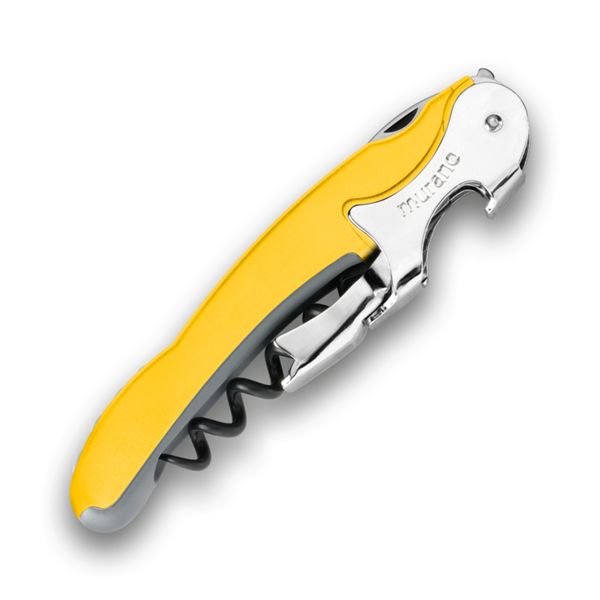 CORKSCREW RIALTO, S/S SERRATED bld, S/S DOUBLE LEVER, C/S BLK COATED SPIRAL, GRY GUM + PLASTIC YELLOW hdl, BULK pkg