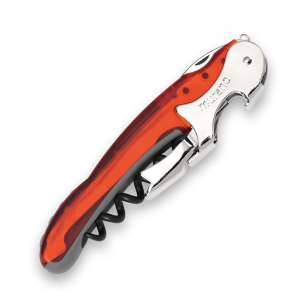 CORKSCREW RIALTO, S/S SERRATED bld, S/S DOUBLE LEVER, C/S BLK COATED SPIRAL, GRY GUM + TRANSPARENT PLASTIC ORANGE hdl, BULK pkg