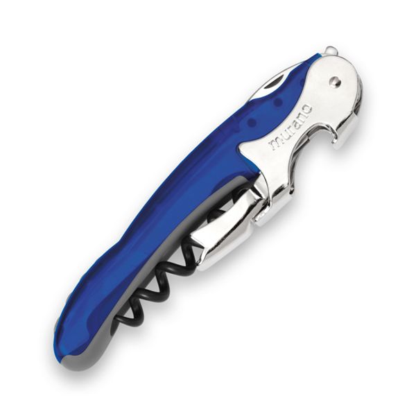 CORKSCREW RIALTO, S/S SERRATED bld, S/S DOUBLE LEVER, C/S BLK COATED SPIRAL, GRY GUM + TRANSPARENT PLASTIC BLUE hdl, BULK pkg