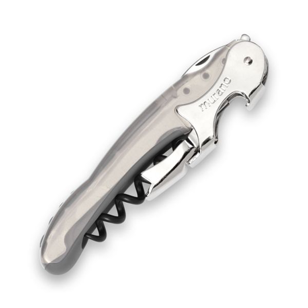 CORKSCREW RIALTO, S/S SERRATED bld, S/S DOUBLE LEVER, C/S BLK COATED SPIRAL, GRY GUM + TRANSPARENT PLASTIC NEUTRAL hdl, BULK pkg