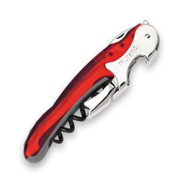 CORKSCREW RIALTO, S/S SERRATED bld, S/S DOUBLE LEVER, C/S BLK COATED SPIRAL, GRY GUM + TRANSPARENT PLASTIC RED hdl, BULK pkg