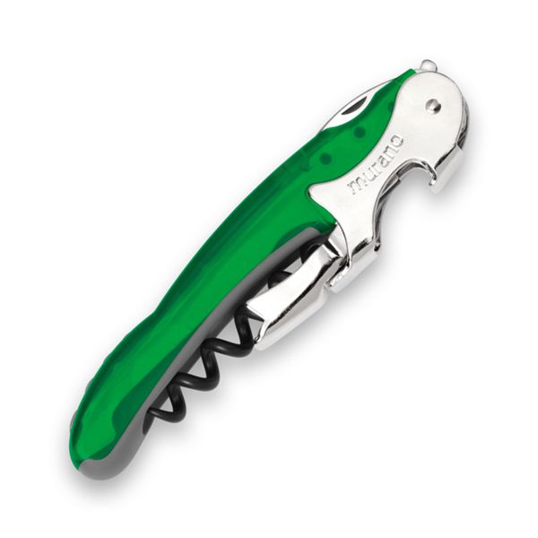 CORKSCREW RIALTO, S/S SERRATED bld, S/S DOUBLE LEVER, C/S BLK COATED SPIRAL, GRY GUM + TRANSPARENT PLASTIC GREEN hdl, BULK pkg