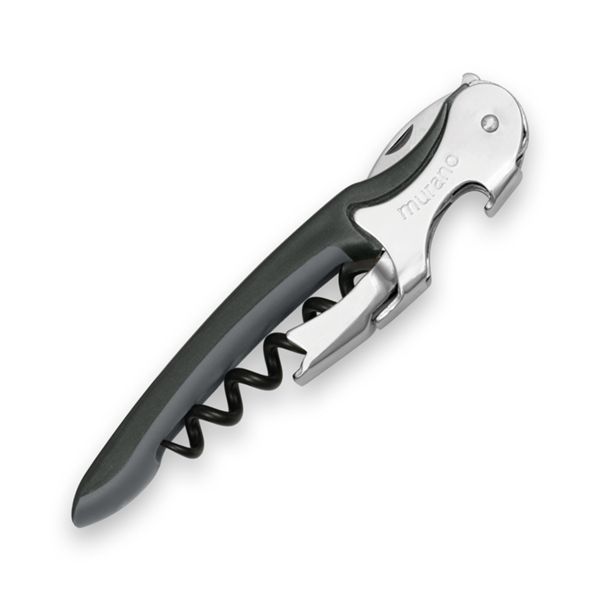 CORKSCREW MURANO, S/S SERRATED bld, S/S DOUBLE LEVER, C/S BLK COATED SPIRAL, GRY GUM + PLASTIC GREEN 3c hdl, BULK pkg