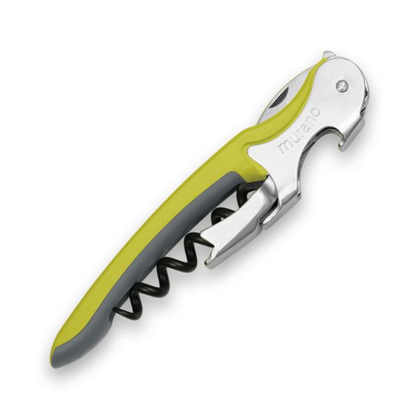 CORKSCREW MURANO, S/S SERRATED bld, S/S DOUBLE LEVER, C/S BLK COATED SPIRAL, GRY GUM + PLASTIC GREEN 583c hdl, BULK pkg