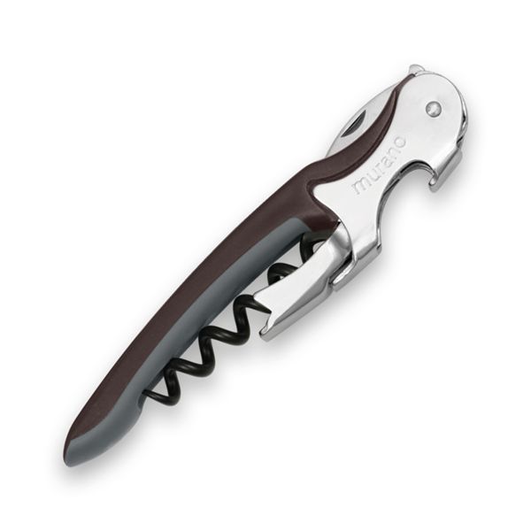 CORKSCREW MURANO, S/S SERRATED bld, S/S DOUBLE LEVER, C/S BLK COATED SPIRAL, GRY GUM + PLASTIC BROWN 5c hdl, BULK pkg