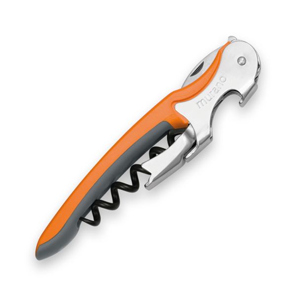 CORKSCREW MURANO, S/S SERRATED bld, S/S DOUBLE LEVER, C/S BLK COATED SPIRAL, GRY GUM + PLASTIC ORANGE hdl, BULK pkg