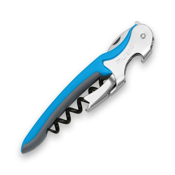 CORKSCREW MURANO, S/S SERRATED bld, S/S DOUBLE LEVER, C/S BLK COATED SPIRAL, GRY GUM + PLASTIC LIGHT BLUE hdl, BULK pkg