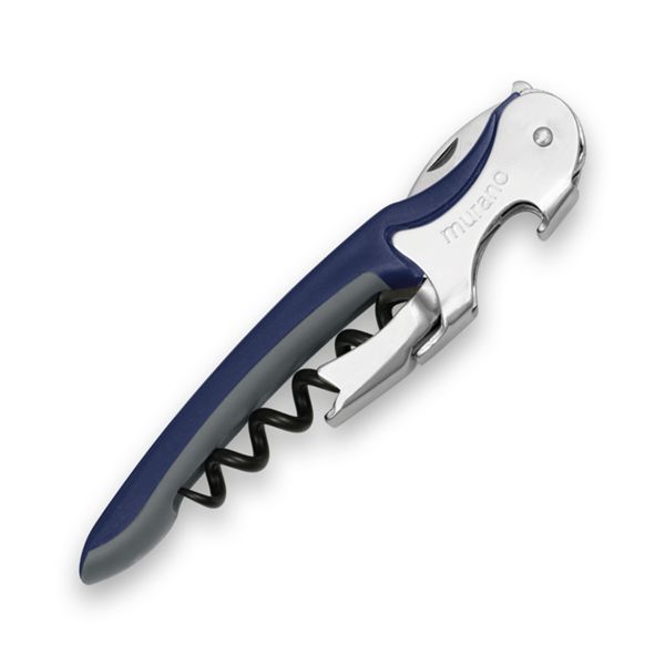 CORKSCREW MURANO, S/S SERRATED bld, S/S DOUBLE LEVER, C/S BLK COATED SPIRAL, GRY GUM + PLASTIC BLUE hdl, BULK pkg