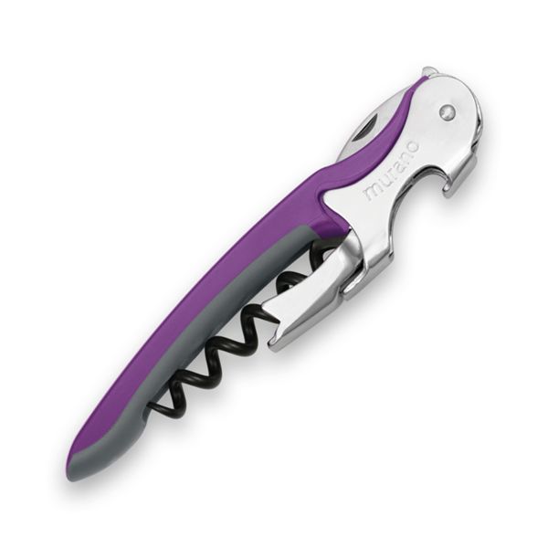 CORKSCREW MURANO, S/S SERRATED bld, S/S DOUBLE LEVER, C/S BLK COATED SPIRAL, GRY GUM + PLASTIC VIOLET hdl, BULK pkg