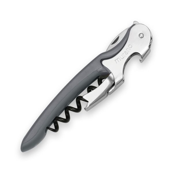 CORKSCREW MURANO, S/S SERRATED bld, S/S DOUBLE LEVER, C/S BLK COATED SPIRAL, GRY GUM + PLASTIC GREY hdl, BULK pkg