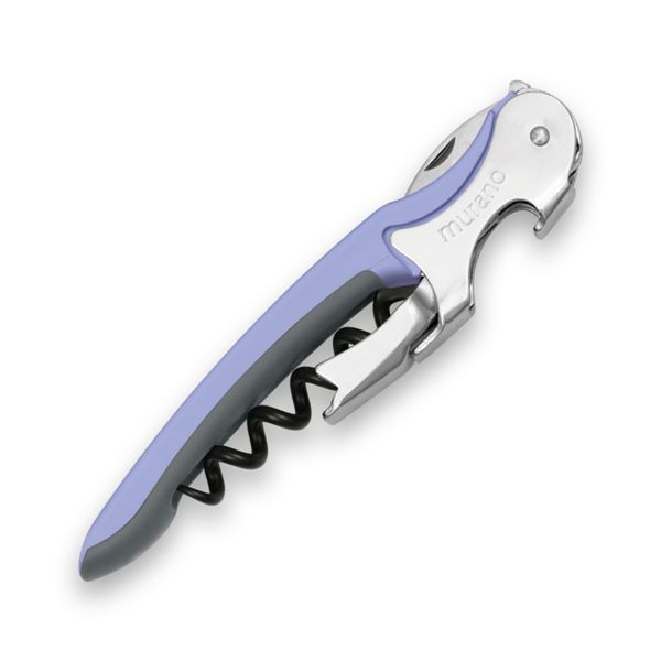 CORKSCREW MURANO, S/S SERRATED bld, S/S DOUBLE LEVER, C/S BLK COATED SPIRAL, GRY GUM + PLASTIC LILAC hdl, BULK pkg