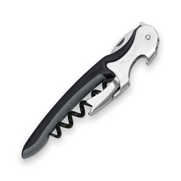 CORKSCREW MURANO, S/S SERRATED bld, S/S DOUBLE LEVER, C/S BLK COATED SPIRAL, GRY GUM + PLASTIC BLACK hdl, BULK pkg